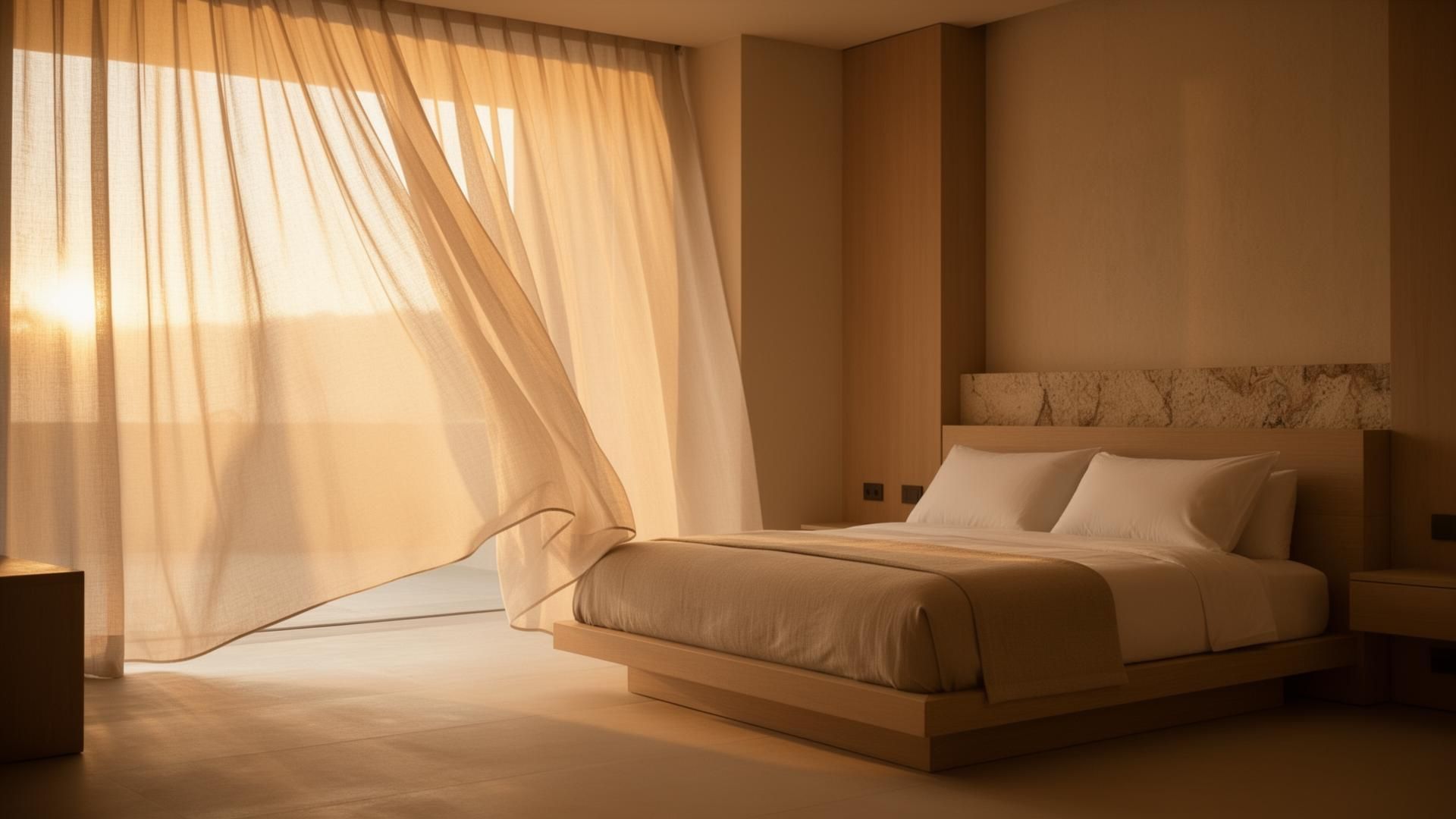 Suite d'hôtel inondée de lumière dorée du matin