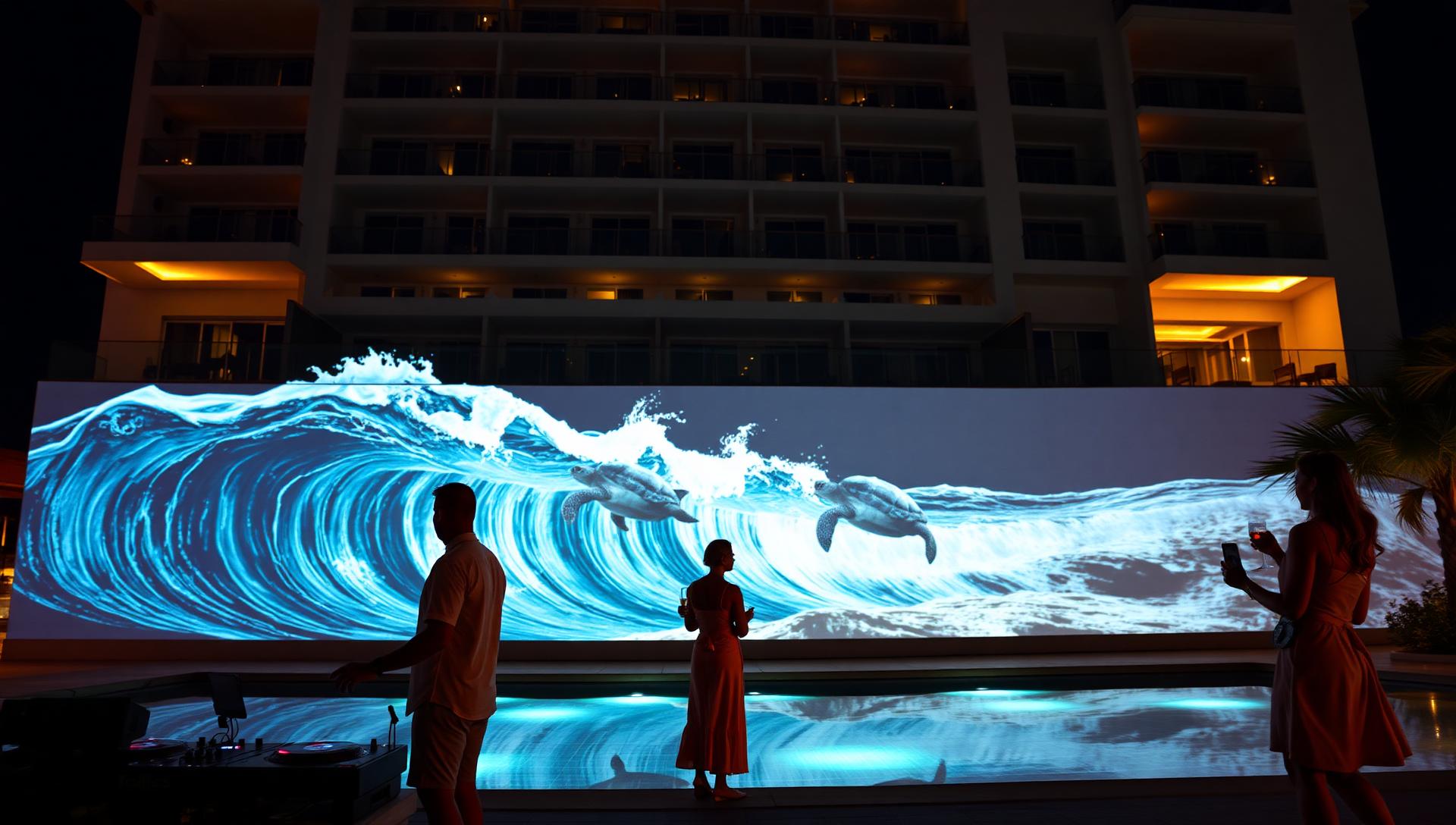 Projection en mapping de vagues et tortues sur un mur d'hôtel face à la mer, la nuit, avec DJ et invités en tenue de lin